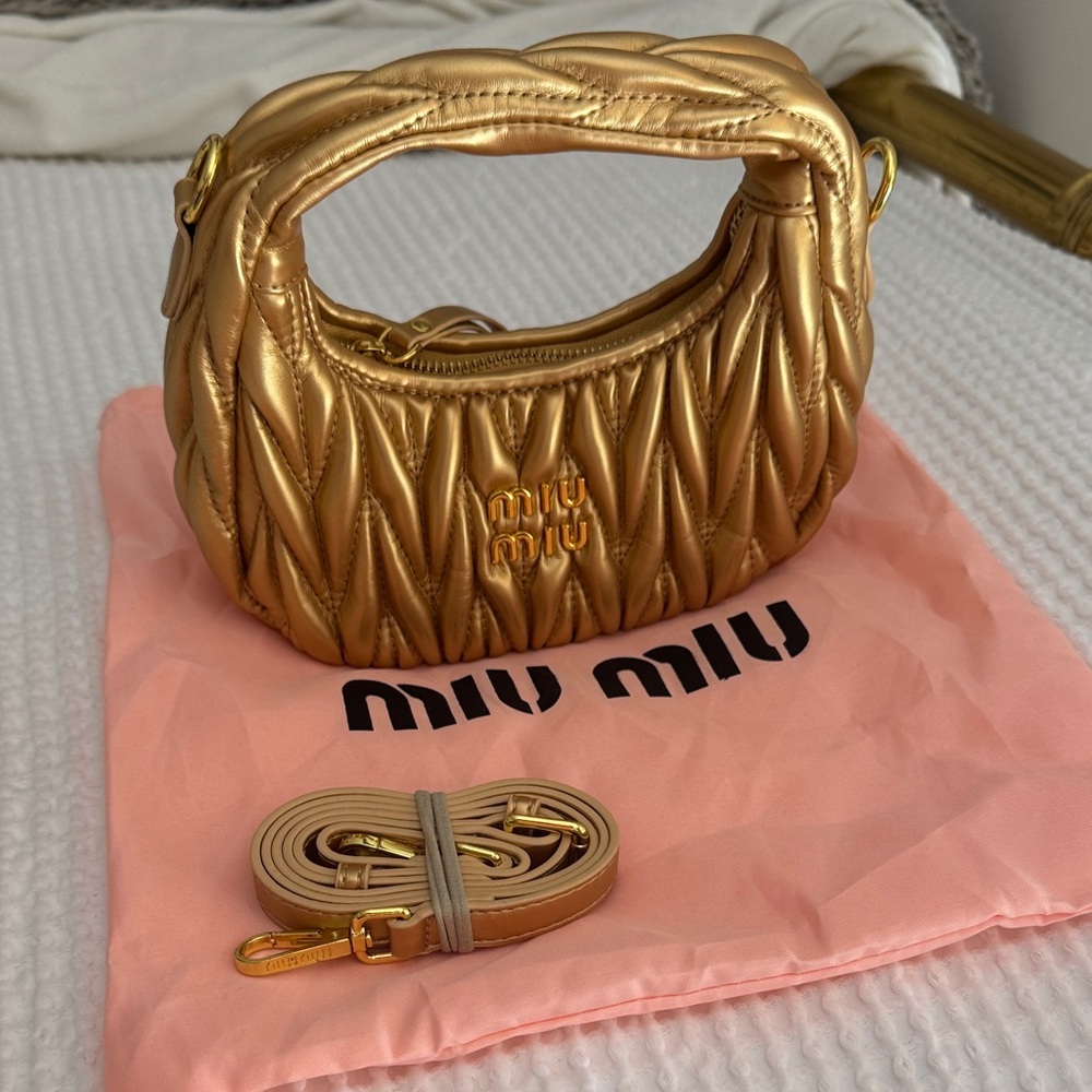 Bali Miu Miu Metallic Gold Quilted Mini Hobo Bag - Picture 2 of 6